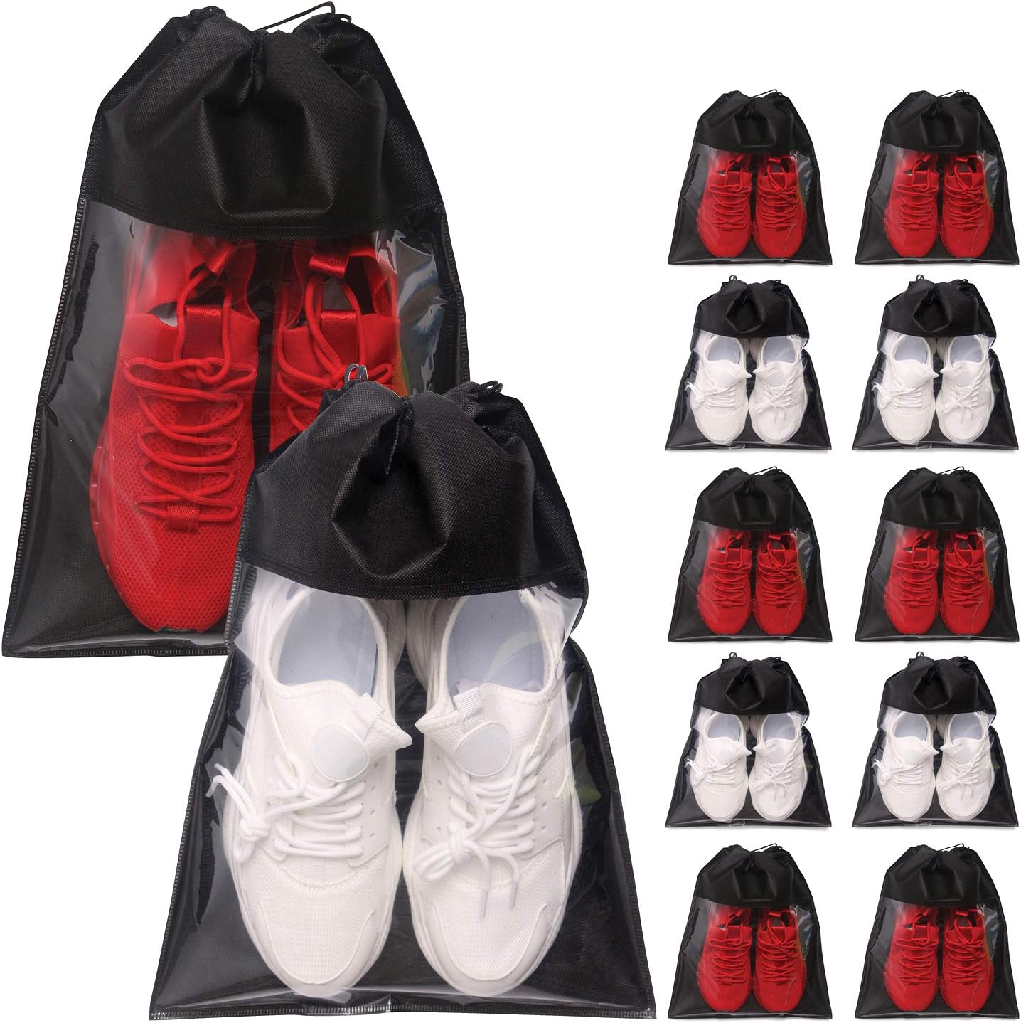 Portable Shoe Bags for Travel - Large Shoes Pouches with Clear Window and Drawstring - Unisex Black