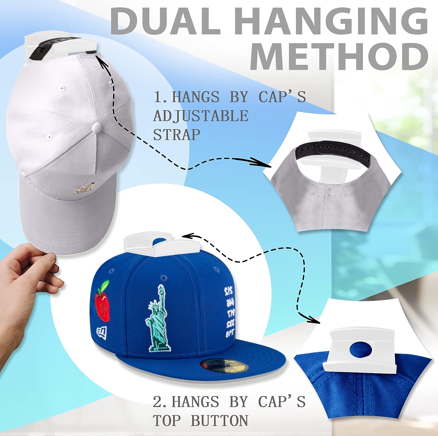 Hat Wall Rack - Adhesive Hat Hooks for Baseball Caps - No Drilling