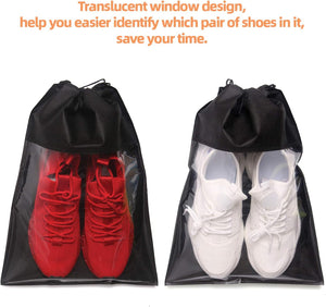 Portable Shoe Bags for Travel - Large Shoes Pouches with Clear Window and Drawstring - Unisex Black