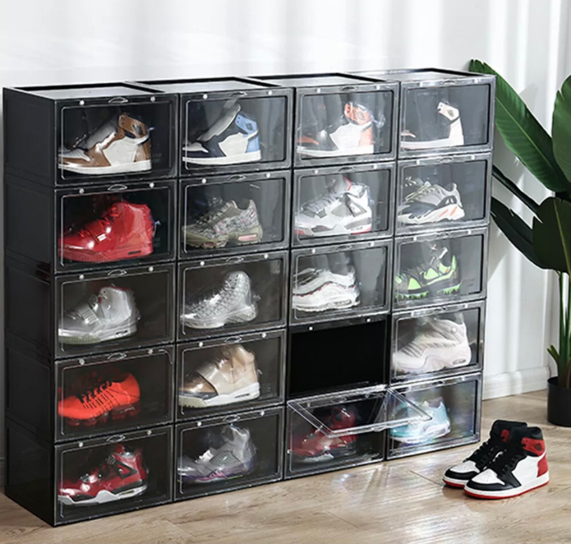  EZB - Magnetic Shoe Storage Box Drop Side/Front Sneaker Case  Stackable Container XL (Obsidian Black, 12 Pack) : Home & Kitchen