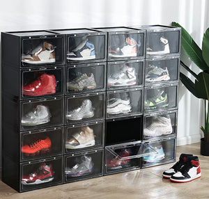 Magnetic Shoe Storage Box Drop Side/Front Sneaker Case Stackable Container XL - Obsidian Black 48 Pack