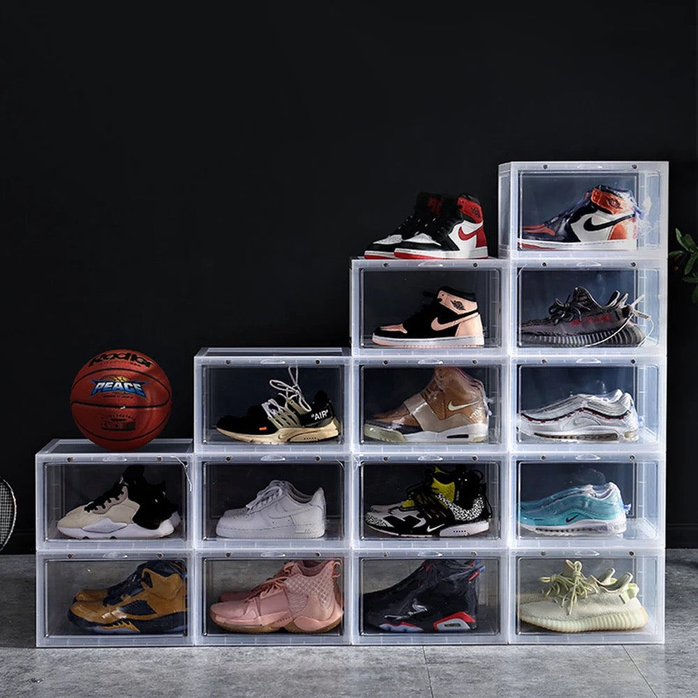 Magnetic Shoe Storage Box Drop Side/Front Sneaker Case Stackable Container XL - Crystal Clear